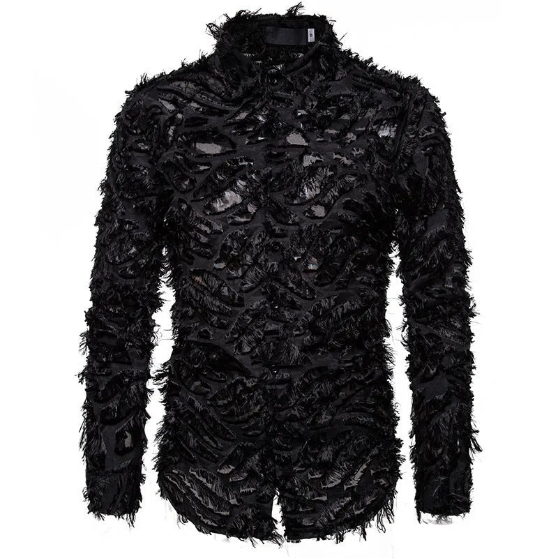 Feather tassel lapel shirt for men in black with non-iron cotton blended fabric