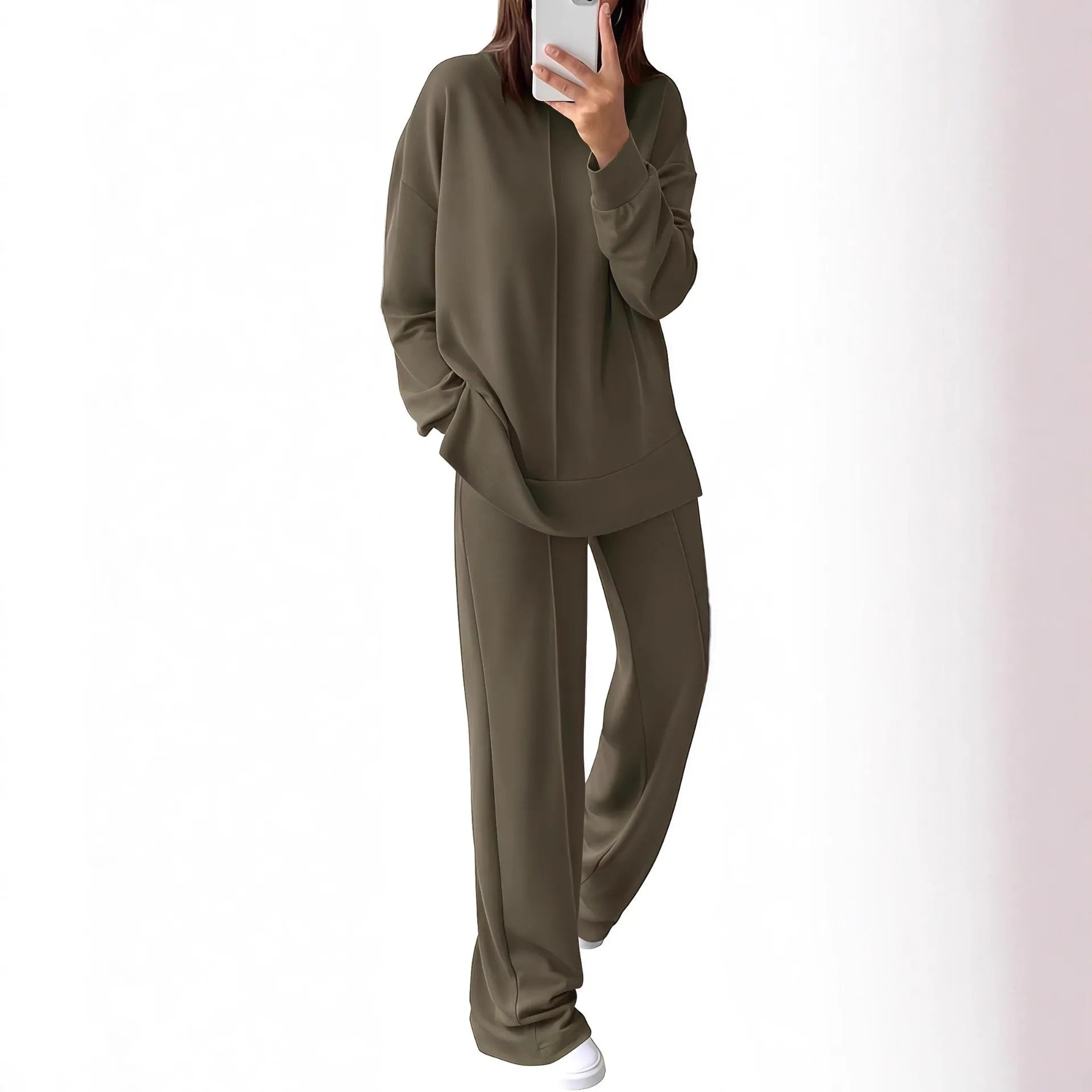 Women's long sleeve polyester jogging suit two-piece set in army green, shown in Asian size medium.