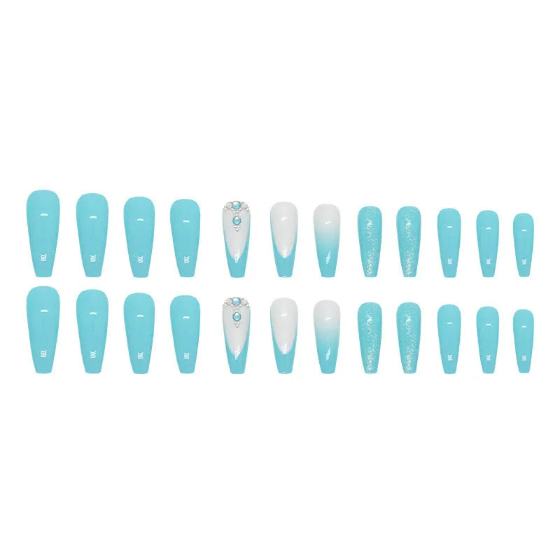 Long ballet style false nails with solid smart blue diamond colour and adhesive glue