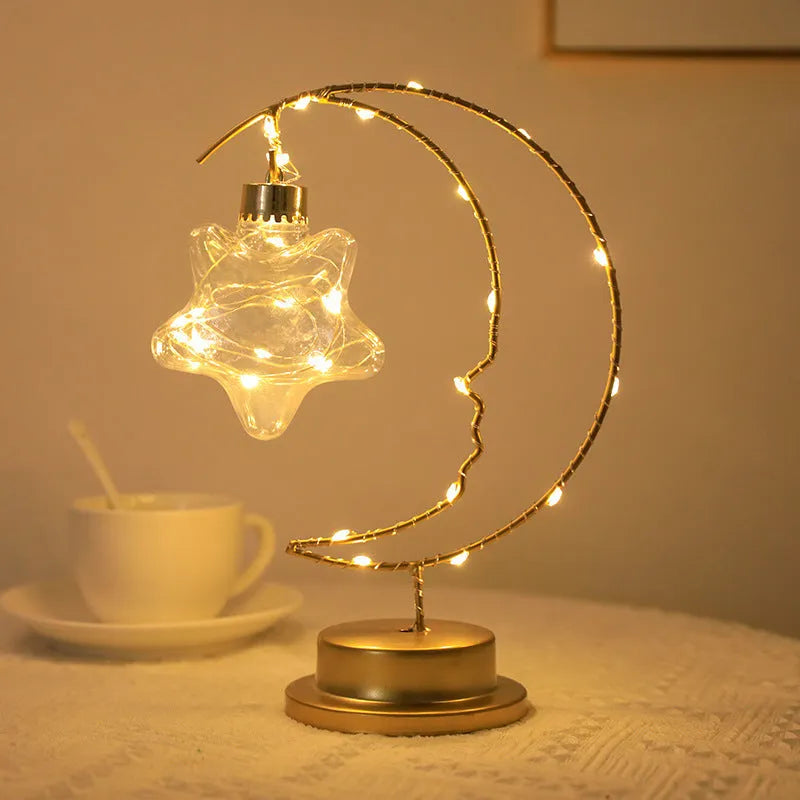 Iron art moon indoor decoration small night light with warm USB power and star design