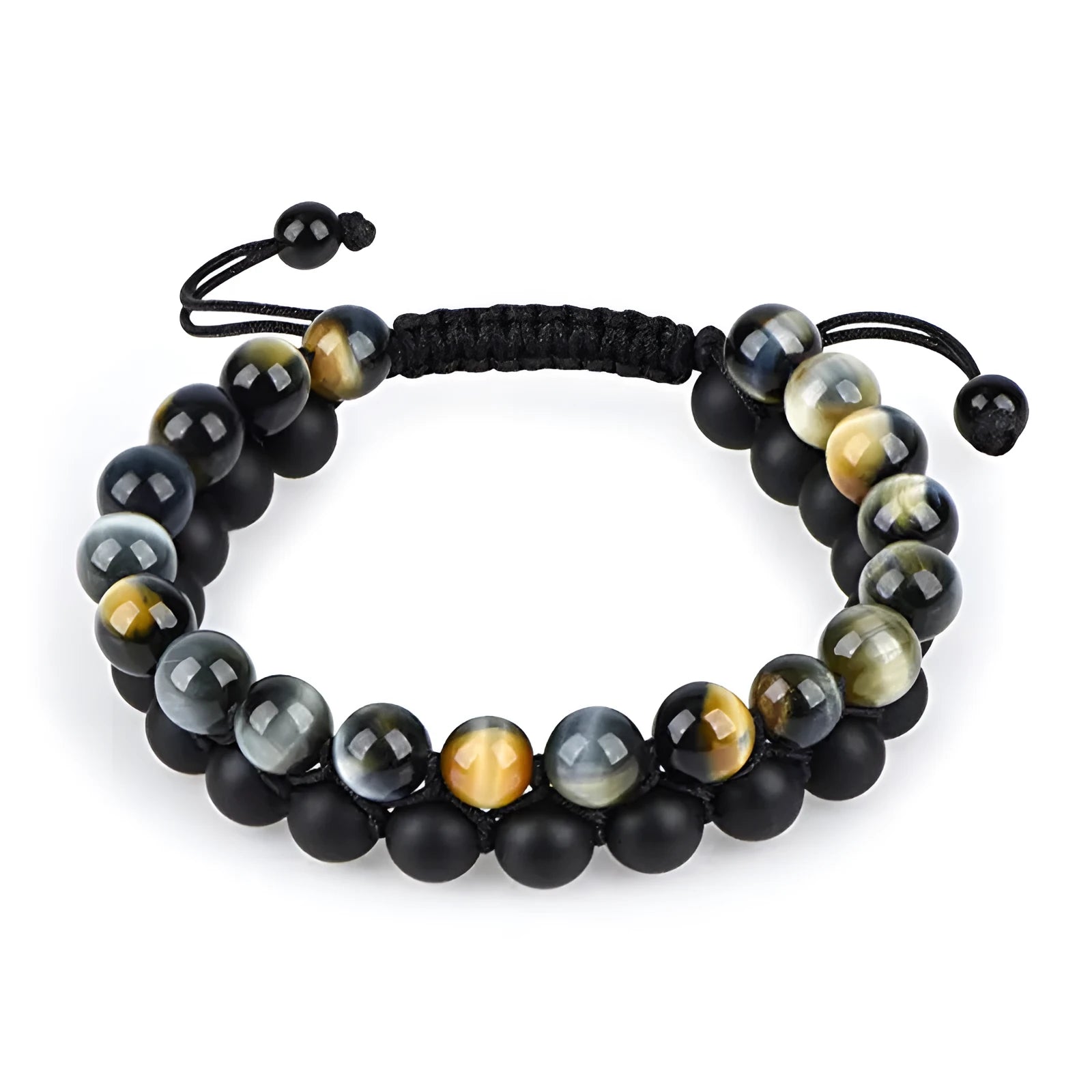 Geometric couple bracelets with tiger eye and matte black agate beads