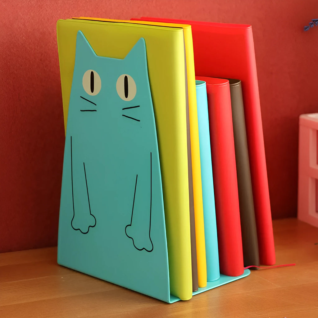 Pair of blue iron bookends measuring 14 x 20.5 x 10.5 cm on a shelf holding books upright