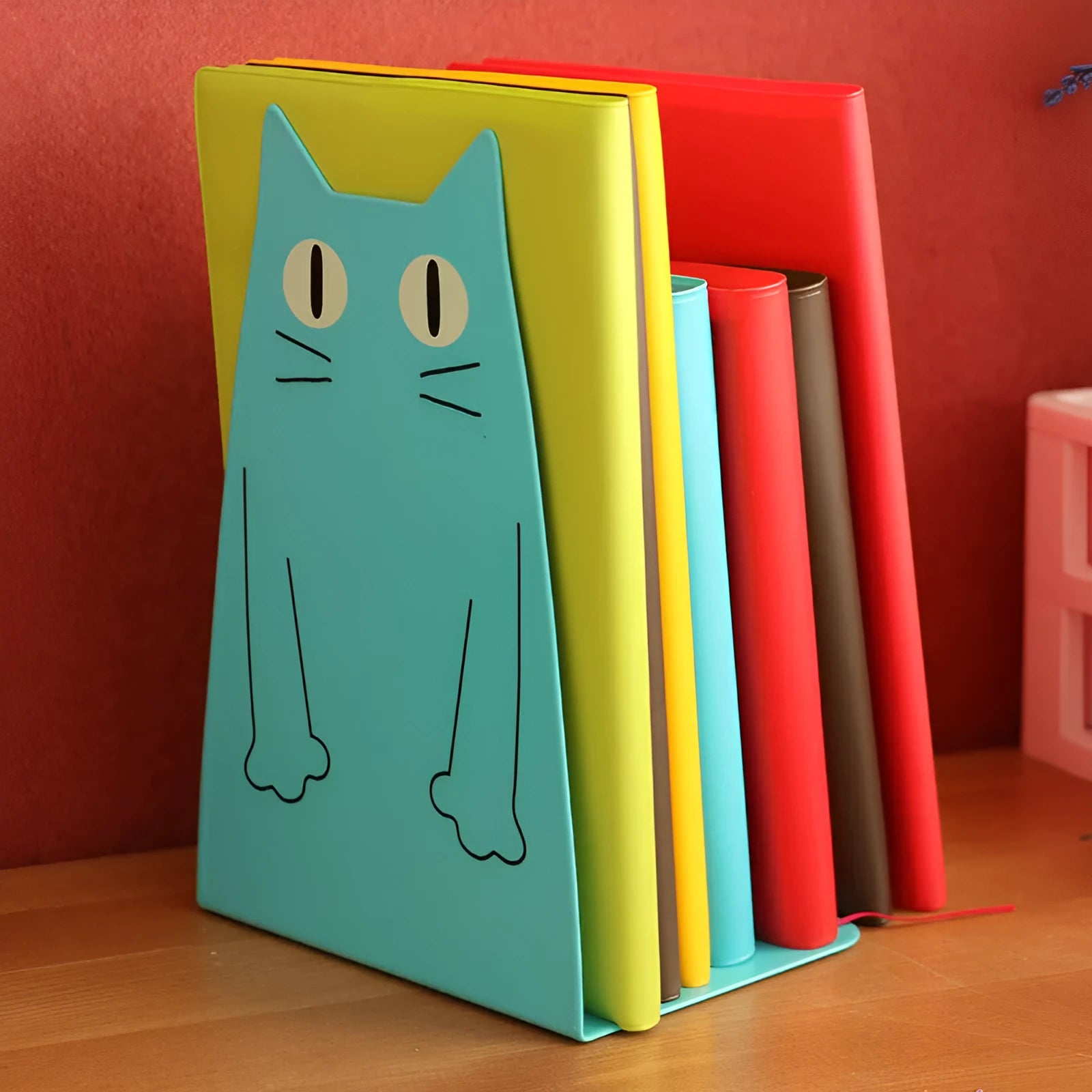 Pair of blue iron bookends measuring 14 x 20.5 x 10.5 cm on a shelf holding books upright