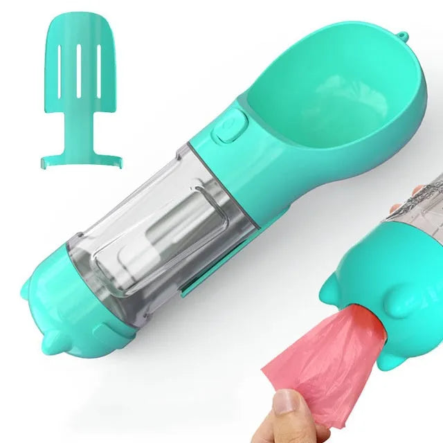 Pet multi-functional water bottle 300ml 500ml with food box, garbage bag, and side shovel in yellow, pink, blue, and green