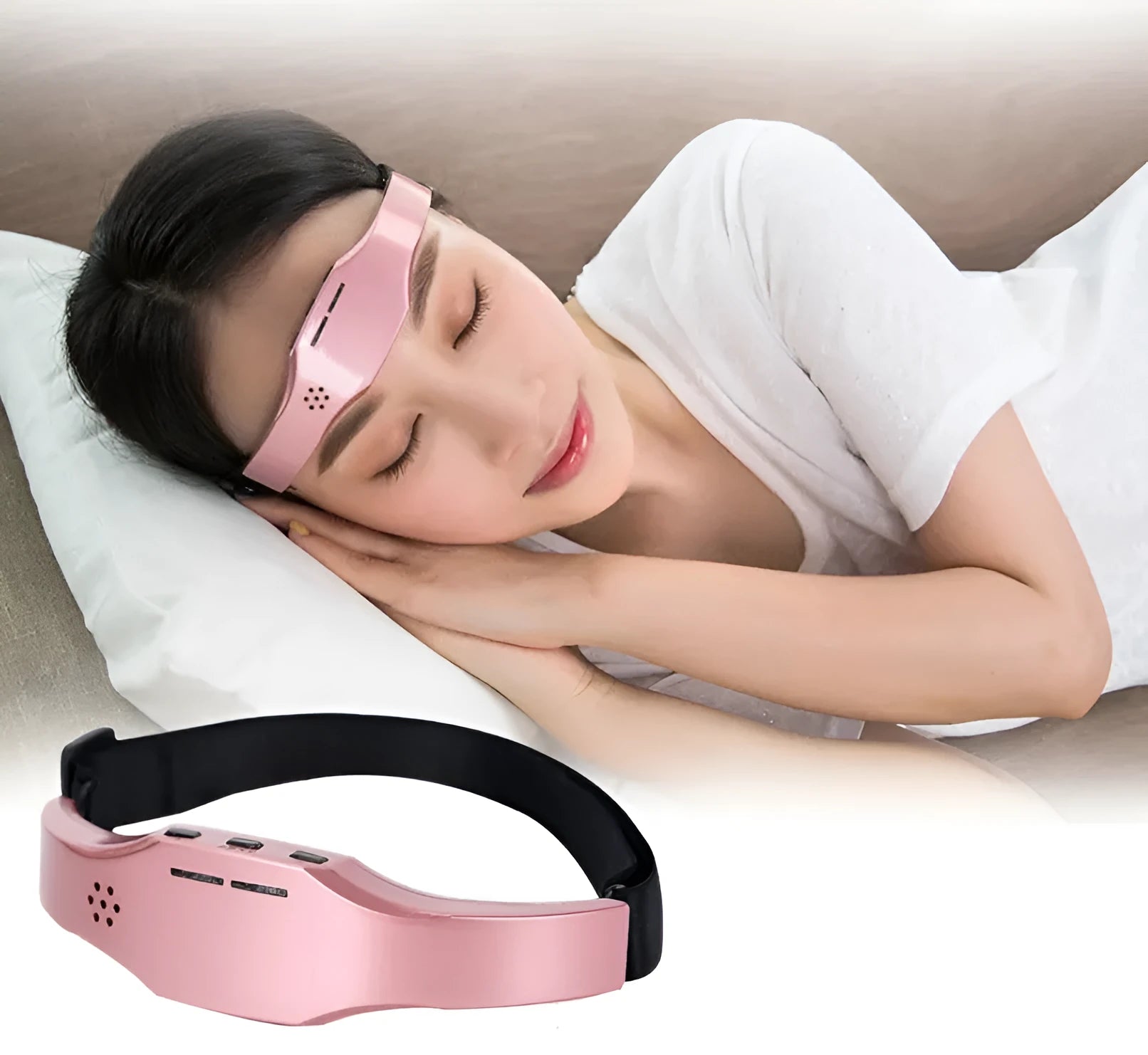 Wireless head massager in black with adjustable fasteners and electrode pads