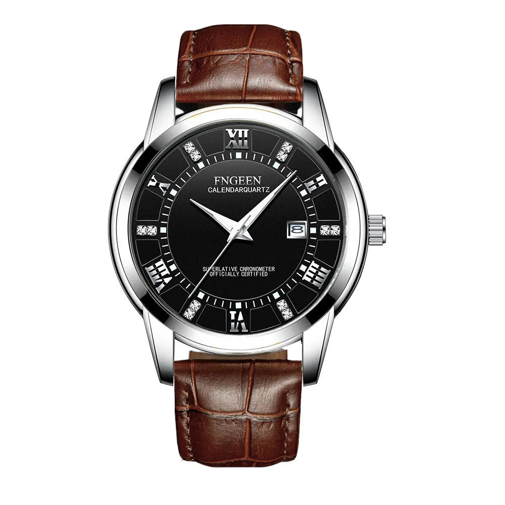 Men's ultra-thin waterproof quartz watch with calendar, stainless steel strap, and round dial in gold-tone or steel finish.