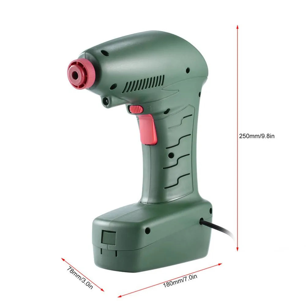 12V portable air compressor in plastic nylon and ABS housing, dimensions 18 x 8 x 25 cm, weight 720g
