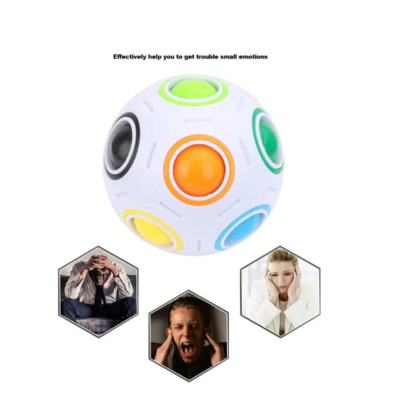 Colourful rainbow ball puzzle toy with visible holes, 5.5 cm in diameter.