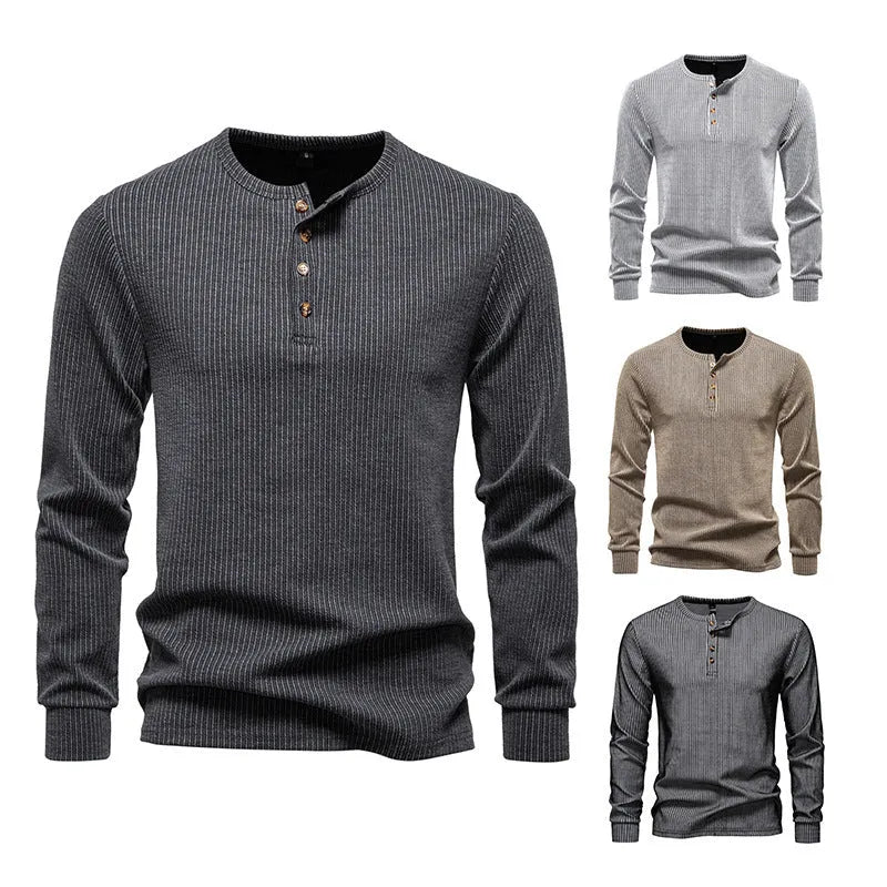 Men's long sleeve slim fit striped sports T-shirt in cotton blend, front view