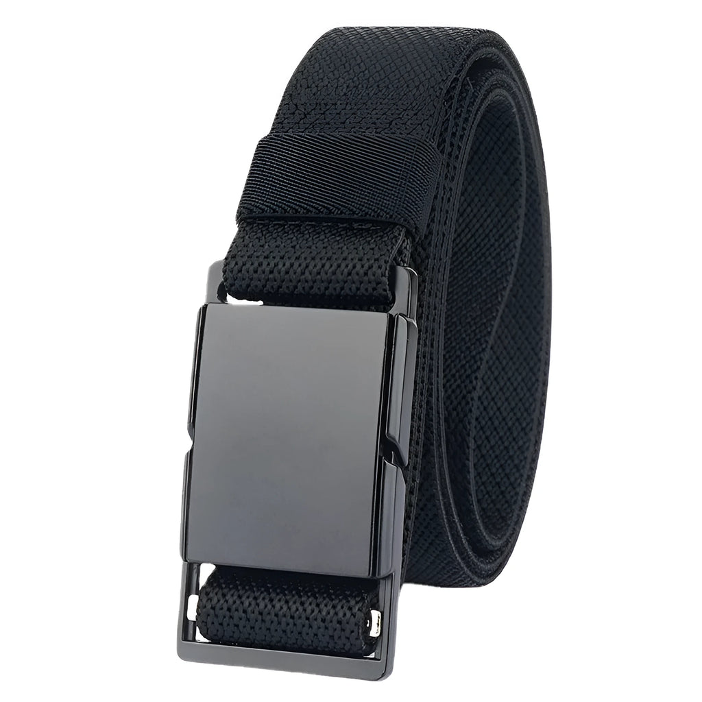 Men's casual belt with a silver magnetic alloy buckle on a long polyester strap.