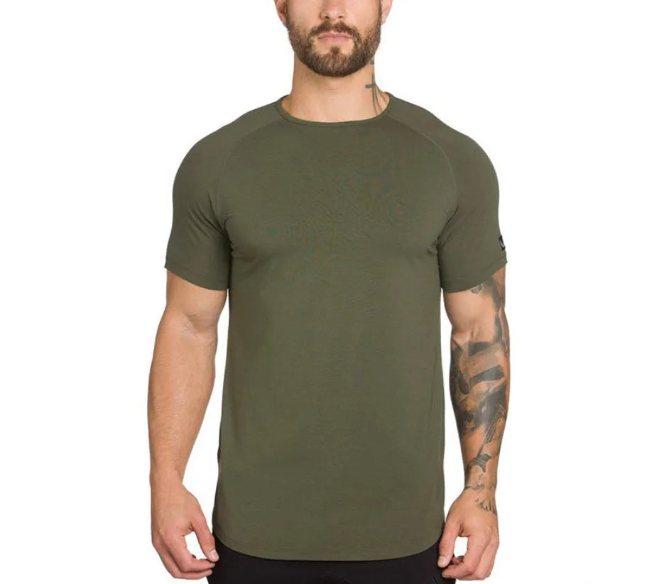 Men's plain gym shirt in cotton-spandex blend fabric showing colour options including army green, black, and white