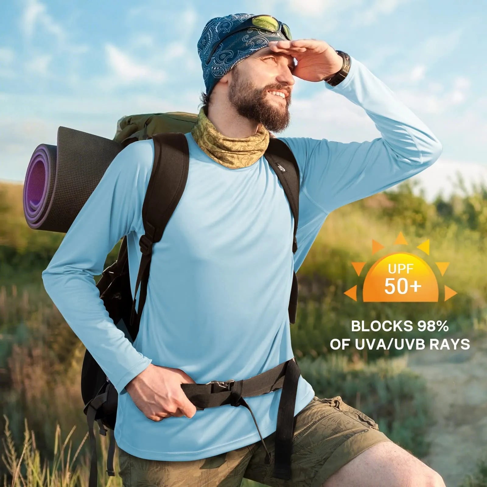 Quick-drying solid colour round neck polyester long sleeve sports top for men with UV protection