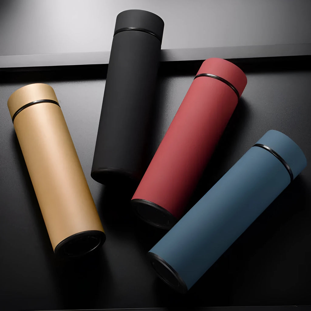 450ml stainless steel water bottle with double wall vacuum insulation in black, red, gold, or blue colours