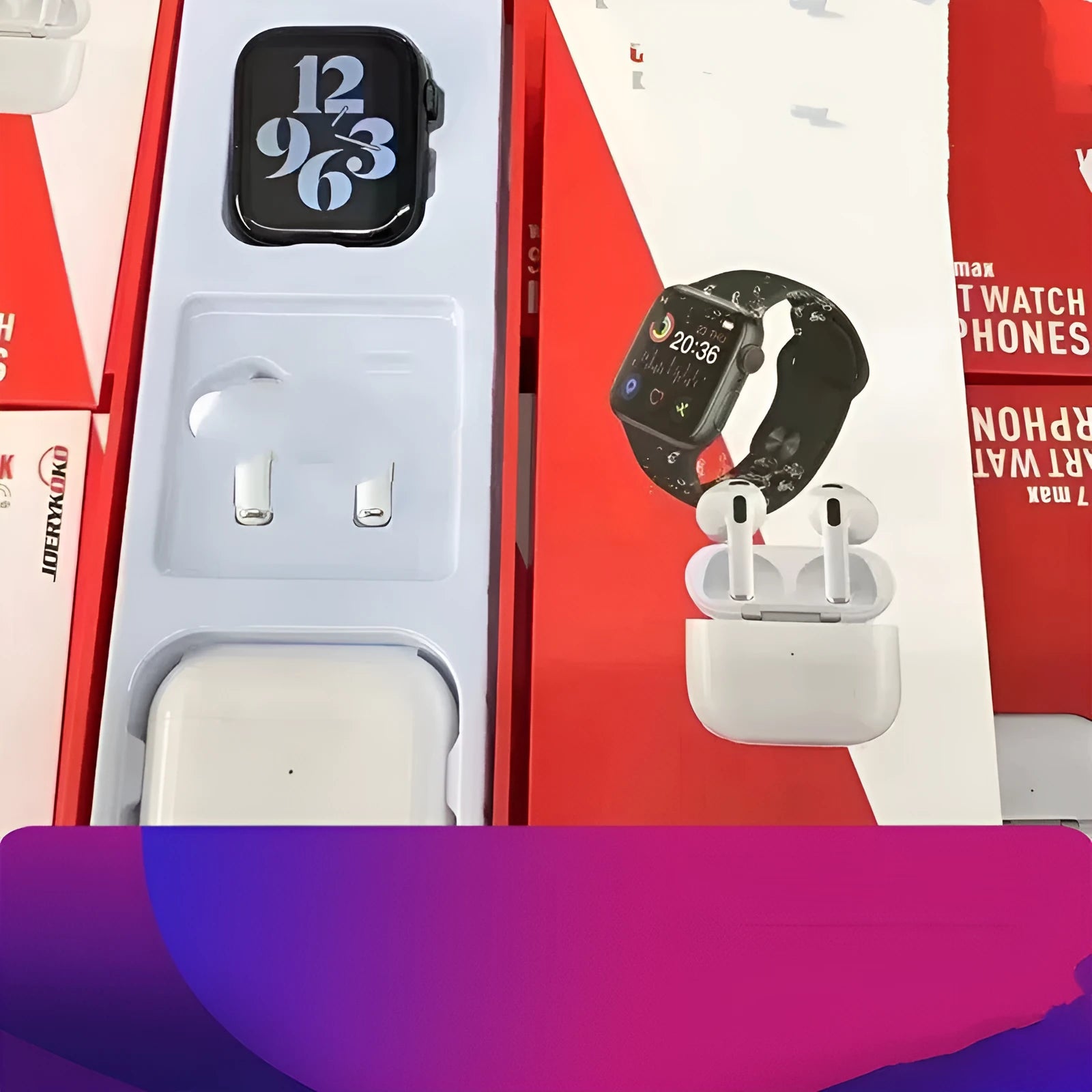 Smart watch with black silicone strap and Bluetooth earphones on wrist