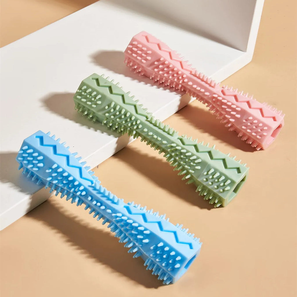Blue TPR dog chew toy with hexagon shape and serrated surface for teeth cleaning