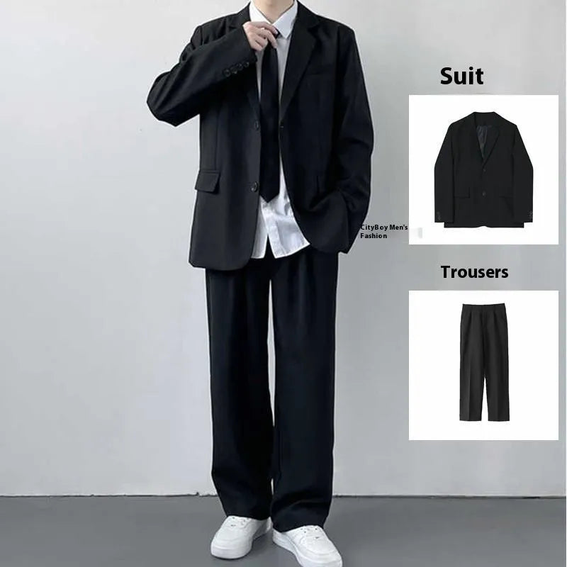 Plus size men's college style suit set featuring a jacket, trousers, white shirt and tie on a hanger.