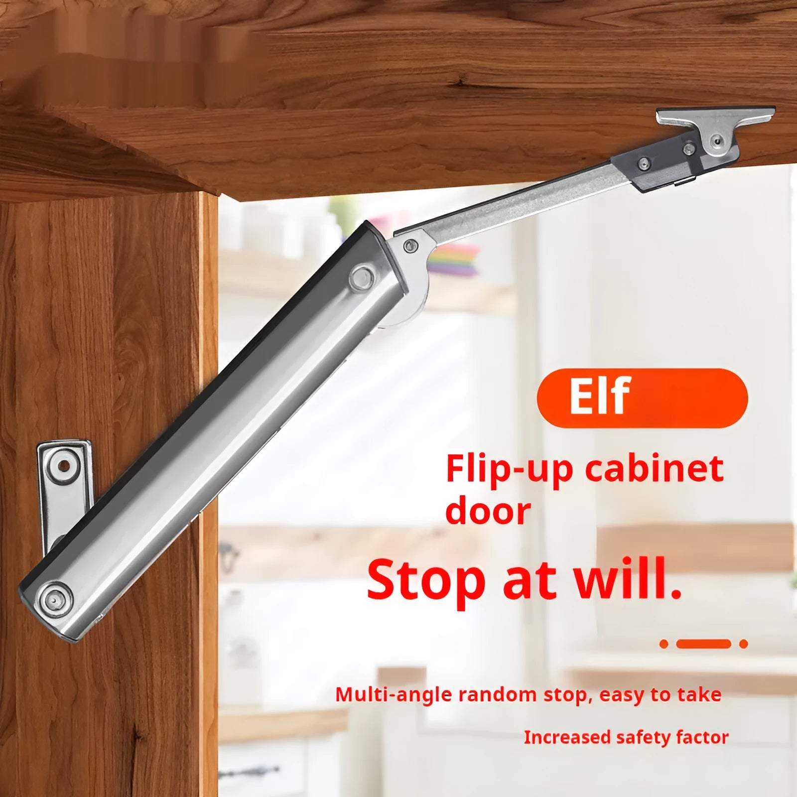 Cold rolled steel cabinet support rod with flap-up door mechanism and casual stop function.