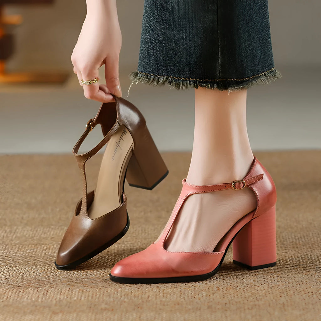 Women's retro pointed toe Mary Jane shoes with hollow Baotou design and buckle fastening