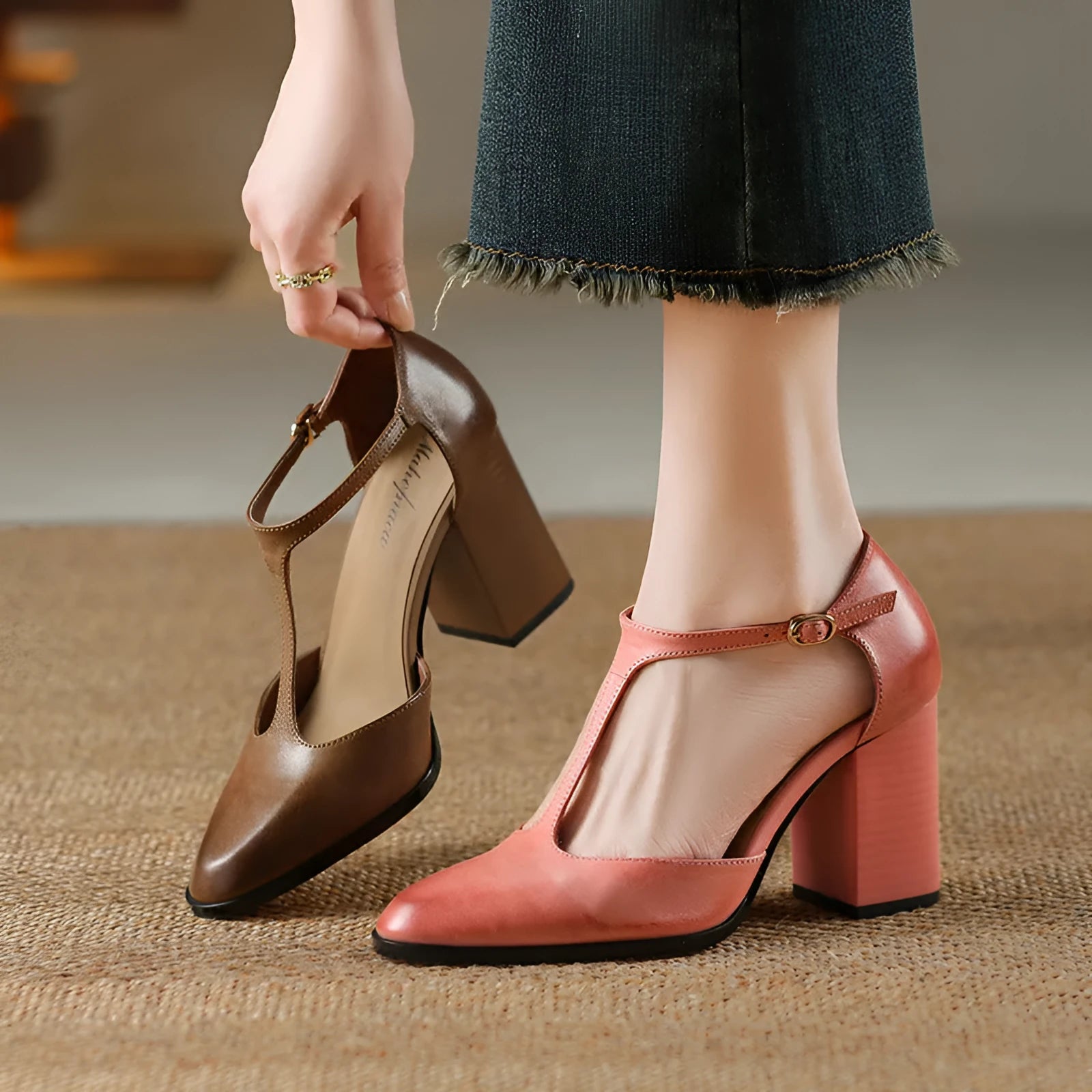 Women's retro pointed toe Mary Jane shoes with hollow Baotou design and buckle fastening