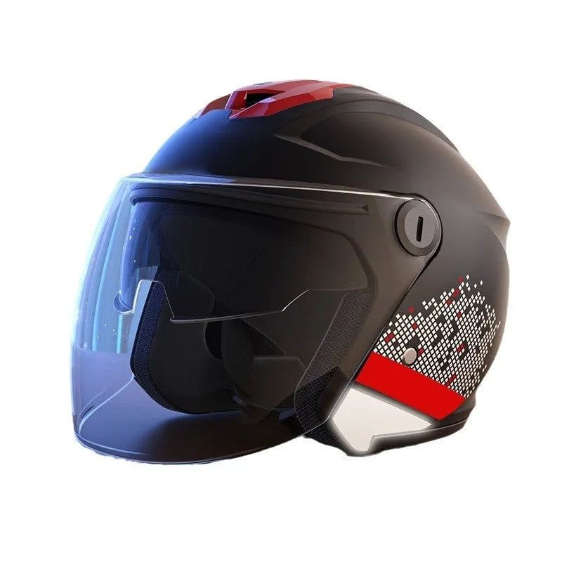 Full-face electric motorcycle helmet with double-mirror visor, ABS shell, and printed finish in khaki colour