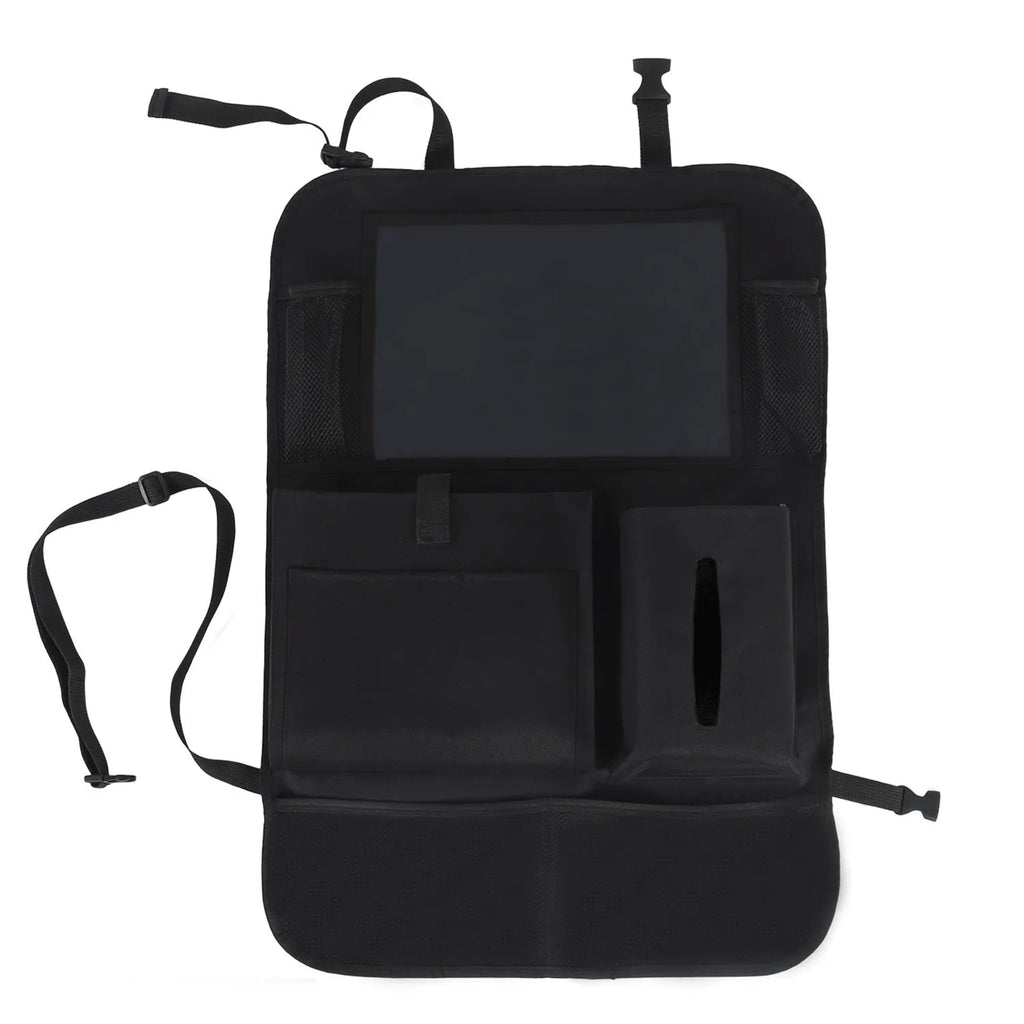Black car seat back storage pouch with 9 bags and transparent iPad pocket, 61x41cm, made from 600D Oxford cloth