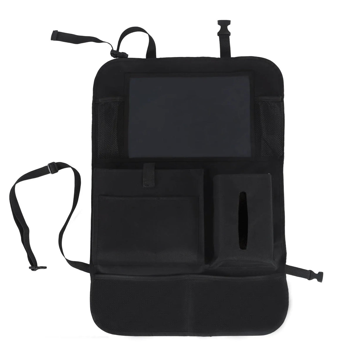 Black car seat back storage pouch with 9 bags and transparent iPad pocket, 61x41cm, made from 600D Oxford cloth