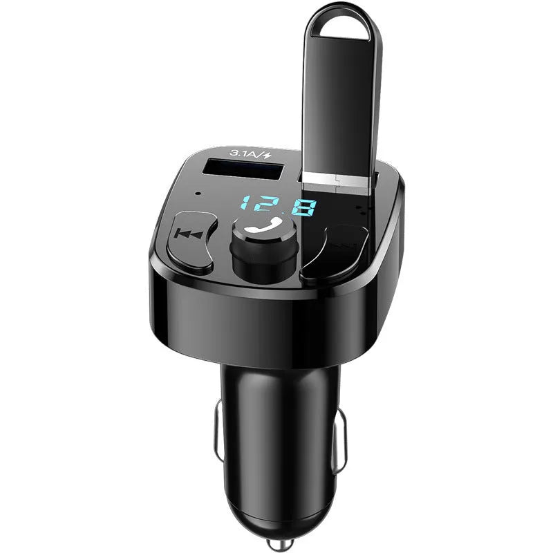 Car MP3 player Bluetooth 5.0 FM transmitter with blue digital display and dual USB ports for 12V-24V vehicles