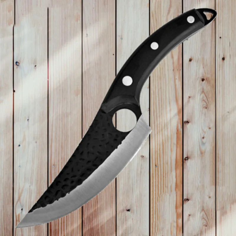 Small curved scimitar butcher knife and boning knife set with leather sheath