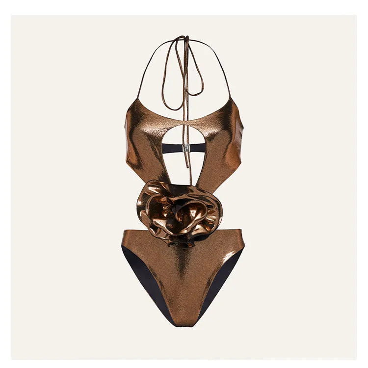Gold handmade flower halter hollow out one-piece swimsuit for swimming and wading sports