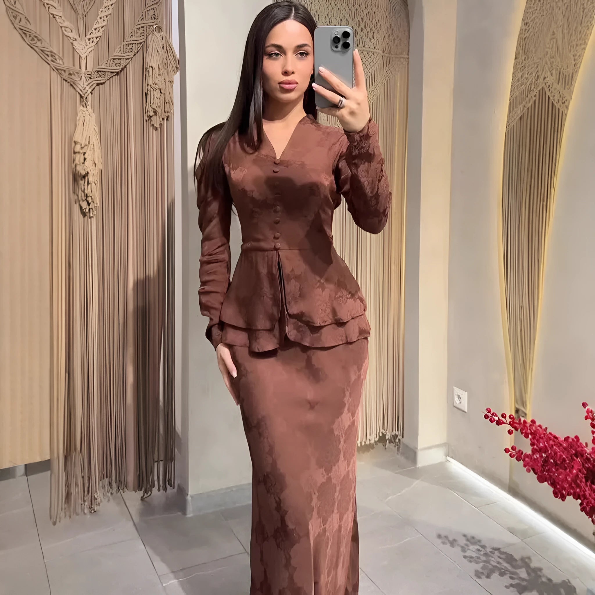 Dark brown women's long sleeve retro dress with plant and flower print, showcasing fake two-piece design and button details.