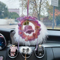 Handwoven wool bell orchid car pendant in green with dream catcher attachment