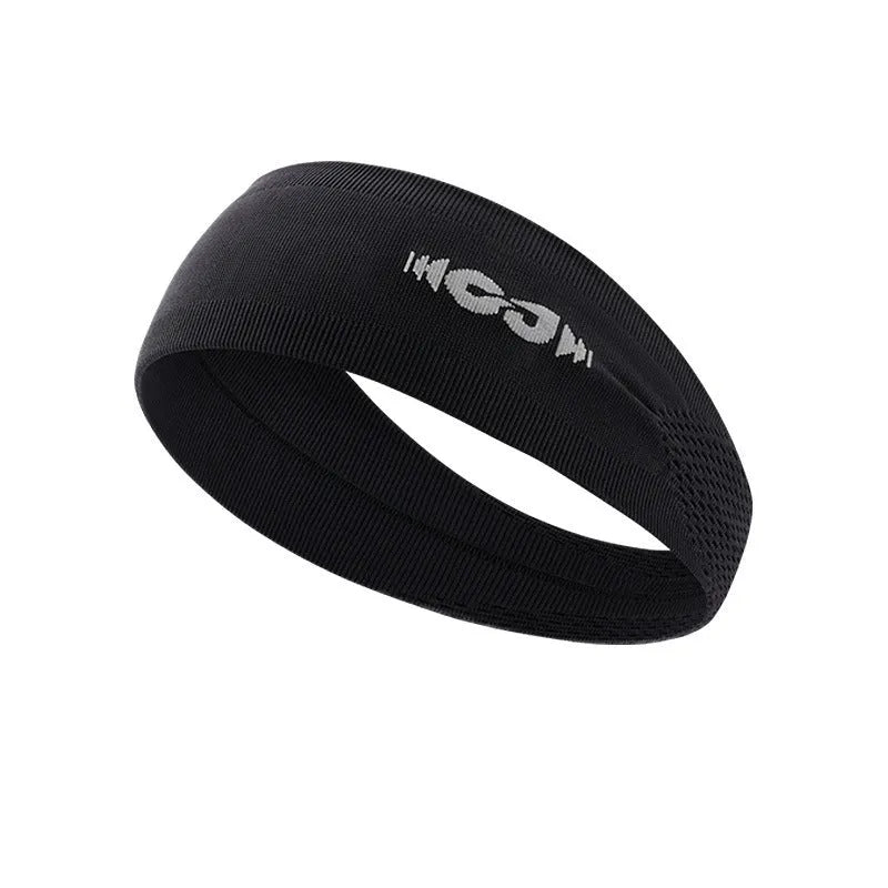 Seamless knitted exercise hair band in black, grey, and blue for sports.