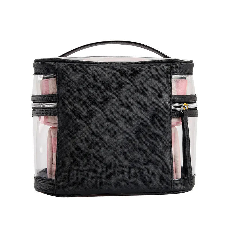Pink bold stripes floral pattern waterproof synthetic leather makeup buggy bag