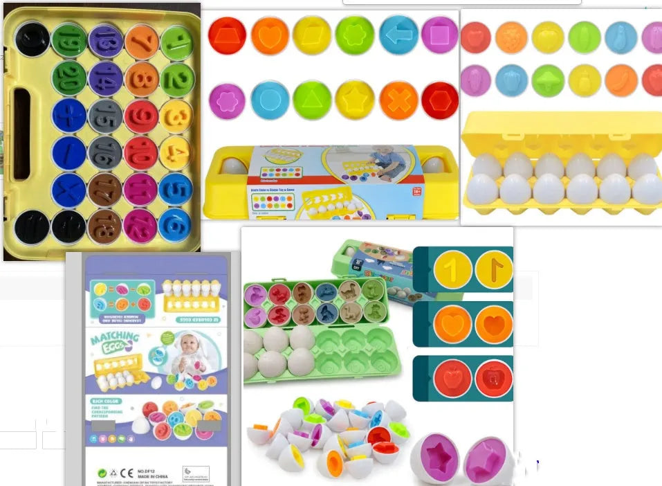 Set of 12 BPA-free plastic educational egg toys in green with shape matching and storage case