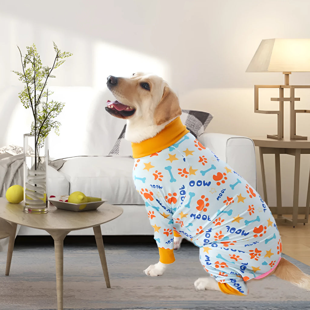 Cotton dog jumpsuit with four-legged design and cute print in multiple colour options