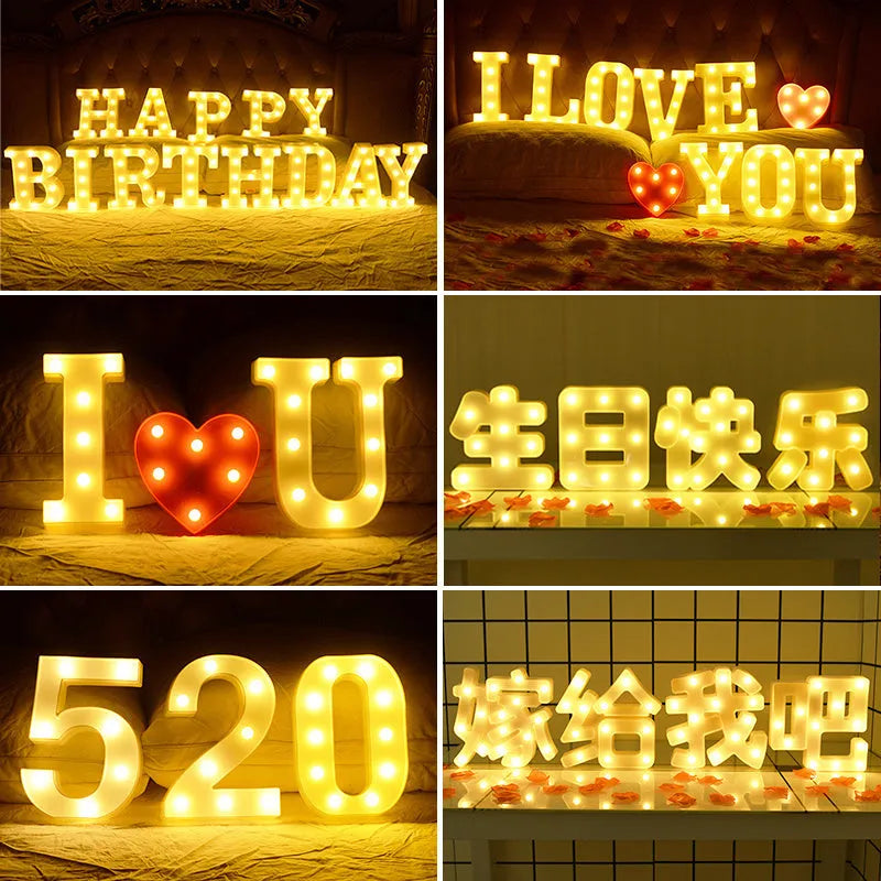LED plastic alphabet letter lights showing Happy Birthday message in illuminated letters
