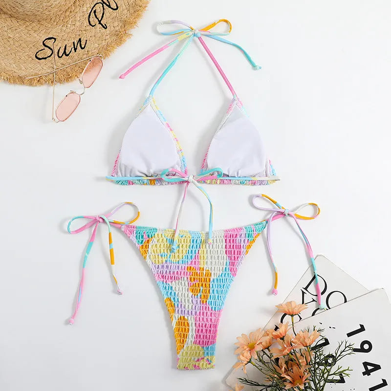 Women's multicolour floral printed triangle bikini with smocking detail and brief bottoms