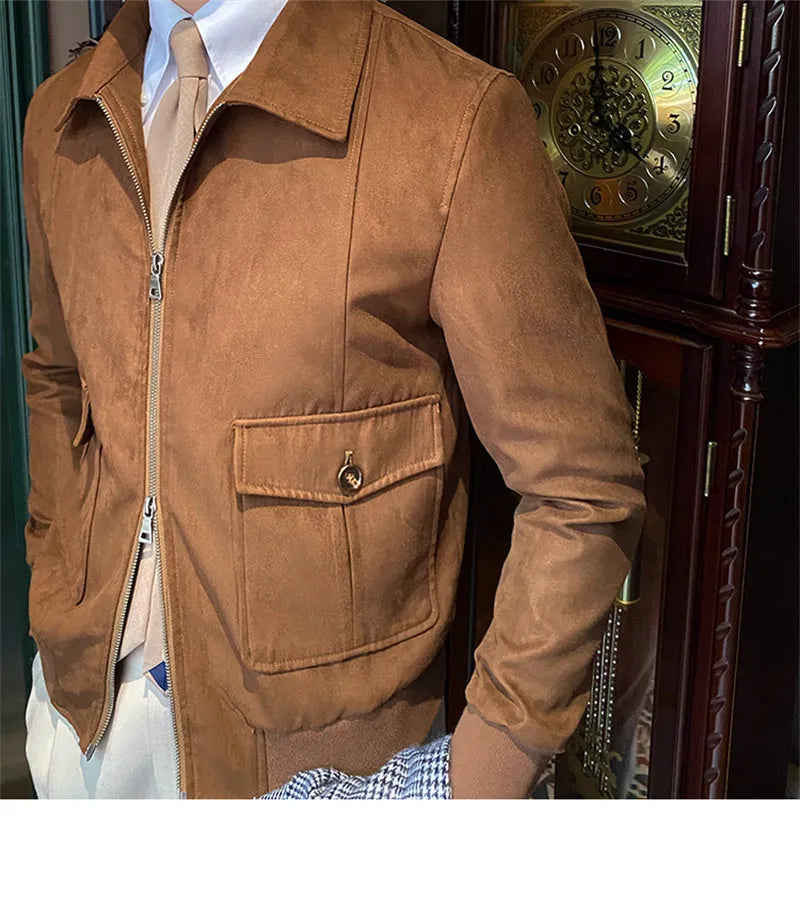 Men's suede coffee bomber jacket in dark brown with zip front and flap closure