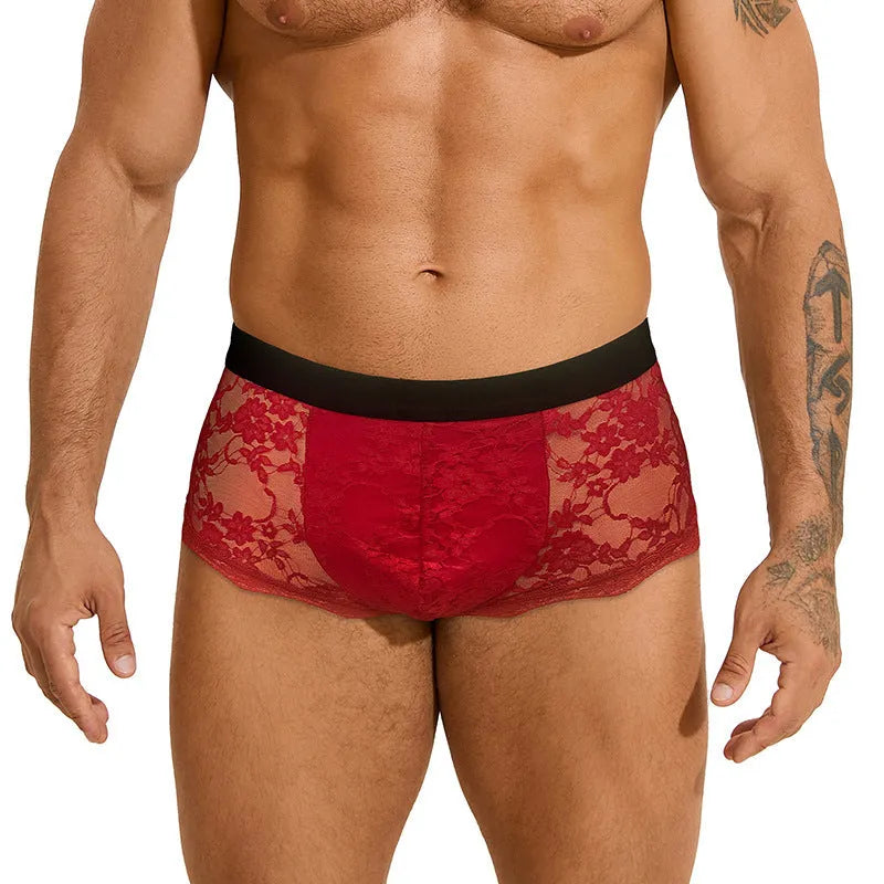 Men's black lace briefs with hollow-out see-through design on mannequin
