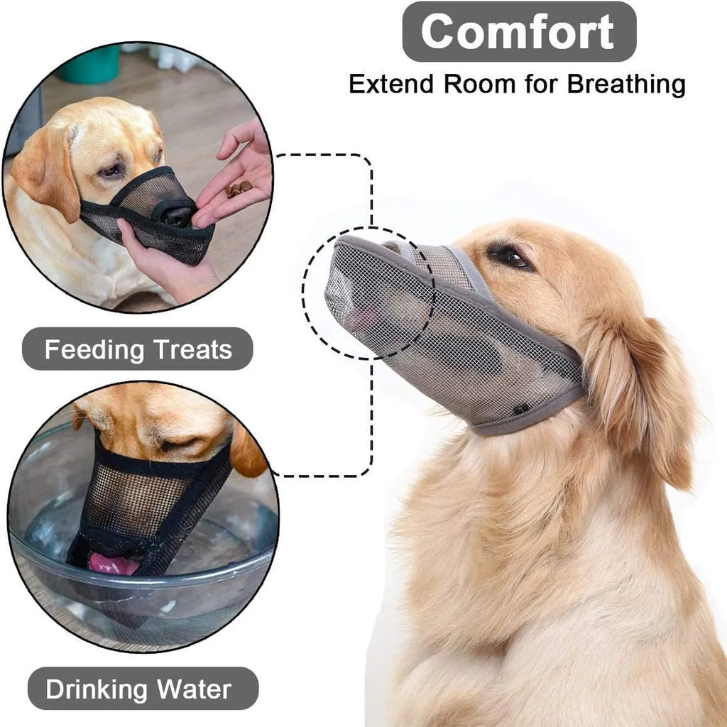 Breathable mesh dog muzzle in black or orange, sizes XXS to XL, with adjustable fit for anti-bite and anti-barking use.