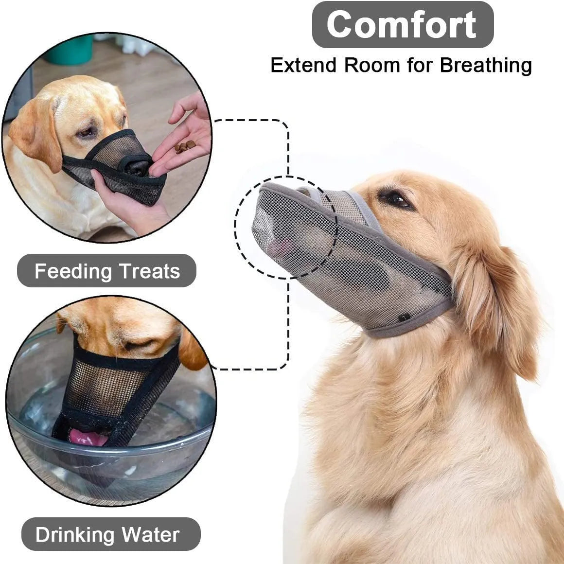 Breathable mesh dog muzzle in black or orange, sizes XXS to XL, with adjustable fit for anti-bite and anti-barking use.