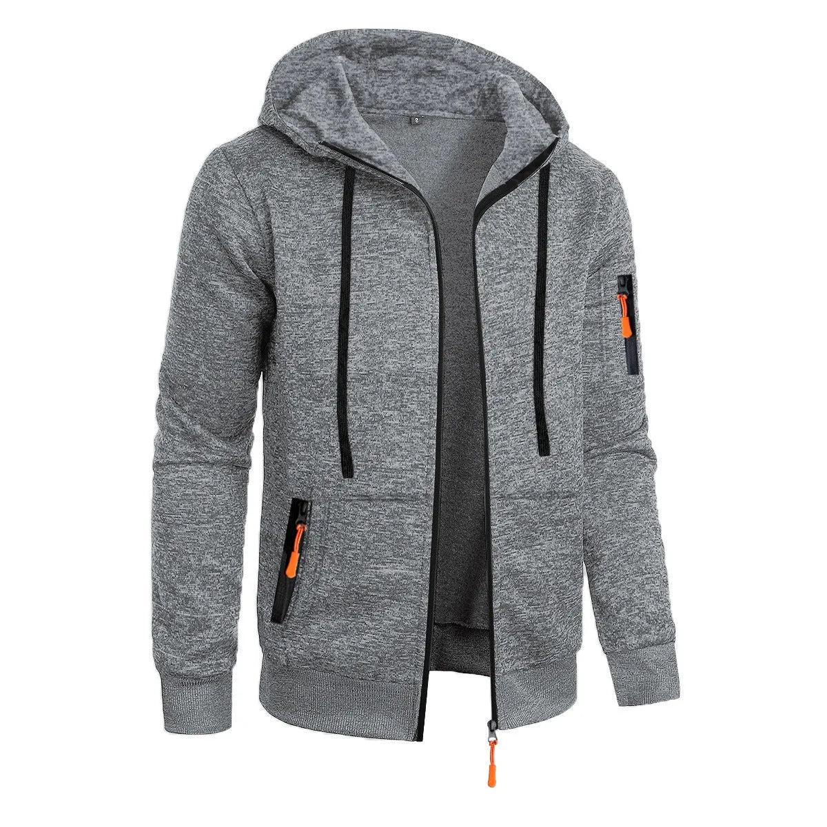 Men's loose fit polyester fibre hooded cardigan coat in solid colour jacquard knit, front view