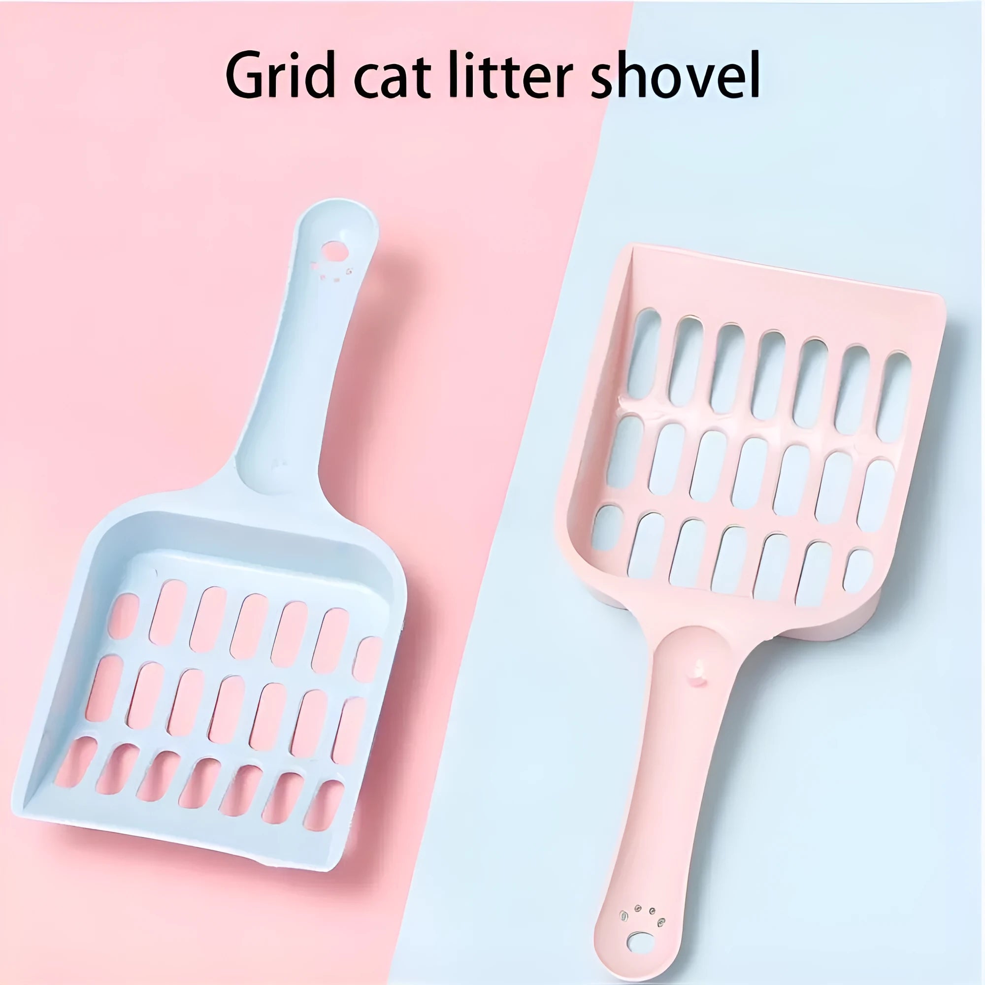 Plastic cat litter scoop in blue colour showing measurements of 20cm length and 9cm width