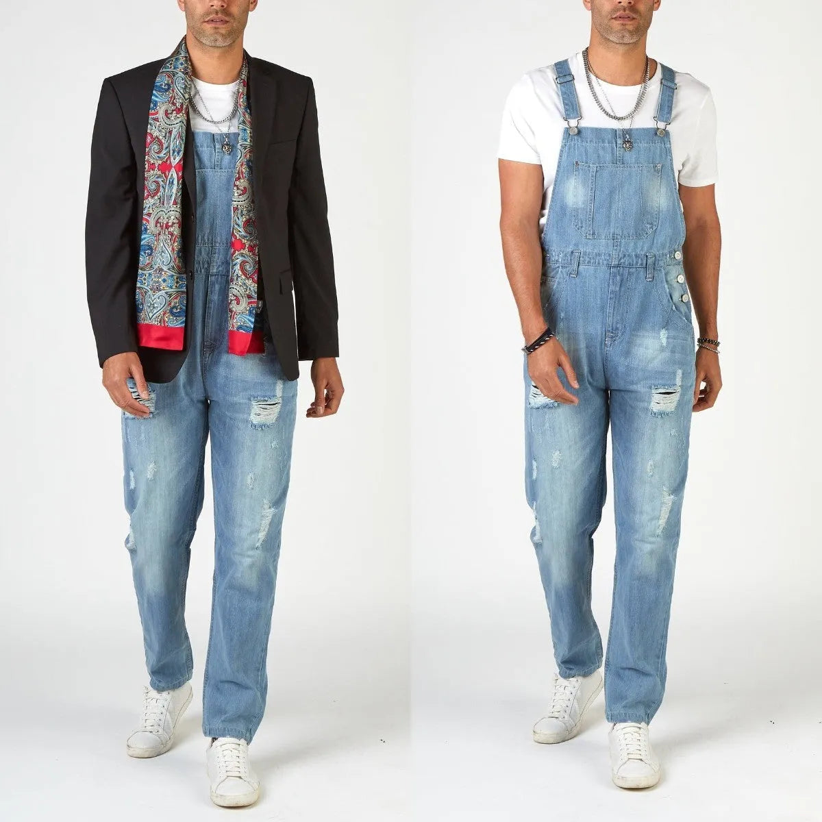 Men's light blue ripped suspender jeans high waist straight leg retro denim trousers button fly