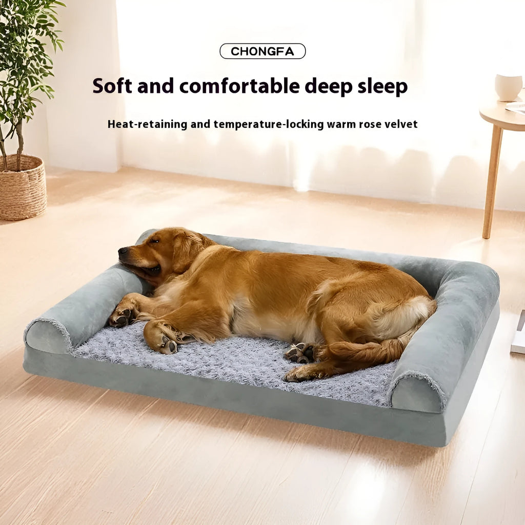 Soft cloth indoor dog kennel in light grey, shown in a large size for a resting dog.