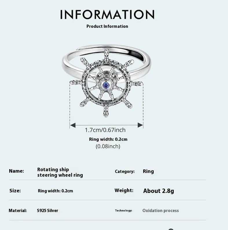 Retro women's silver ring with rotatable rudder design and inlaid zircon stone on open mouth band.