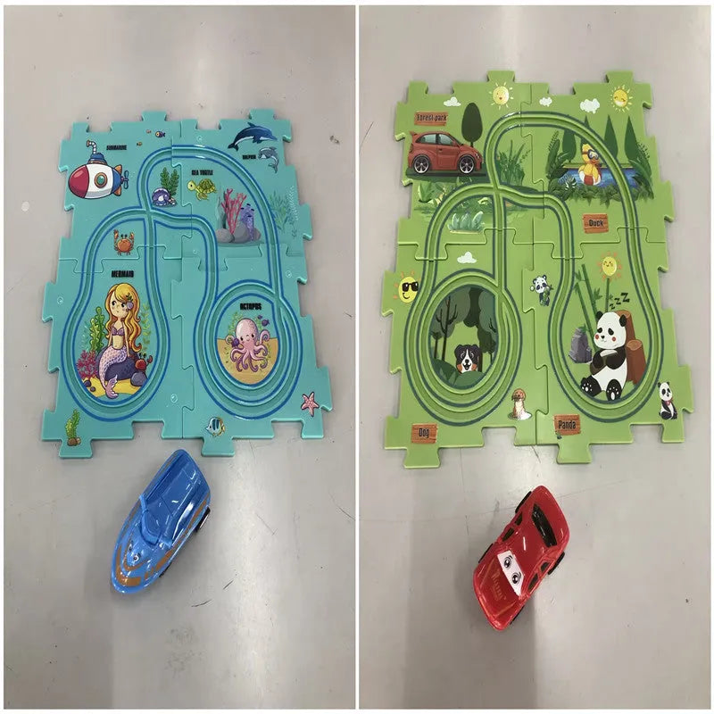 Children puzzle electric railroad speeder DIY assembly track set with automatic car and plastic pieces in multiple themes