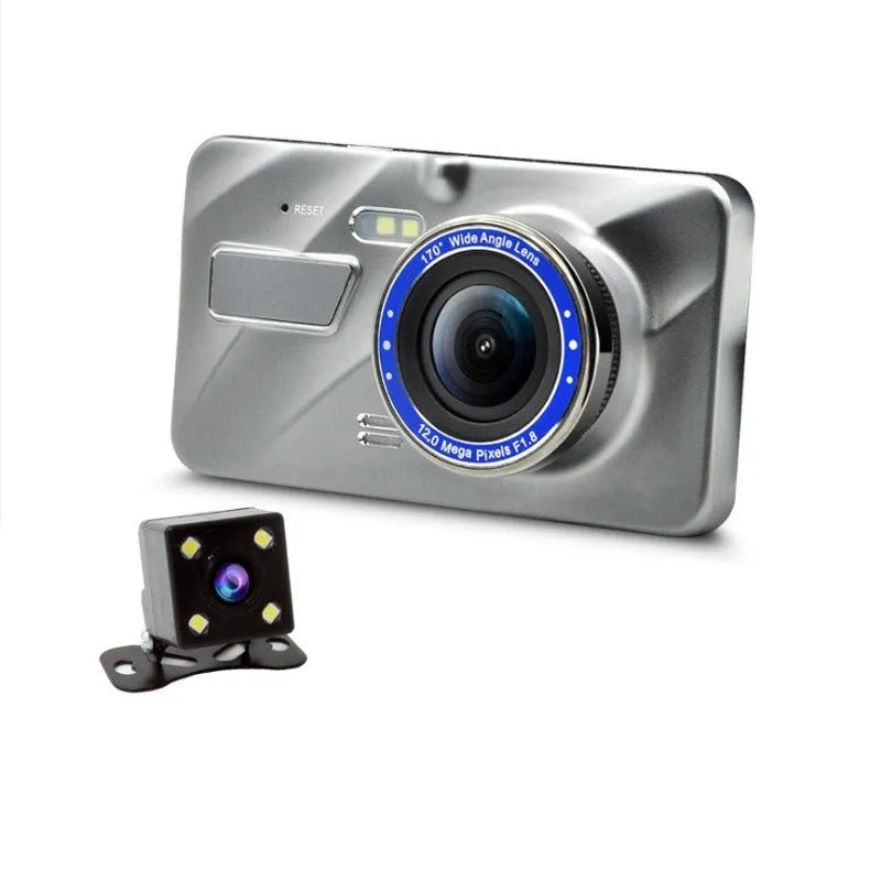 4-inch dash cam with IPS screen and dual lens installed on car windscreen showing HD night vision recording