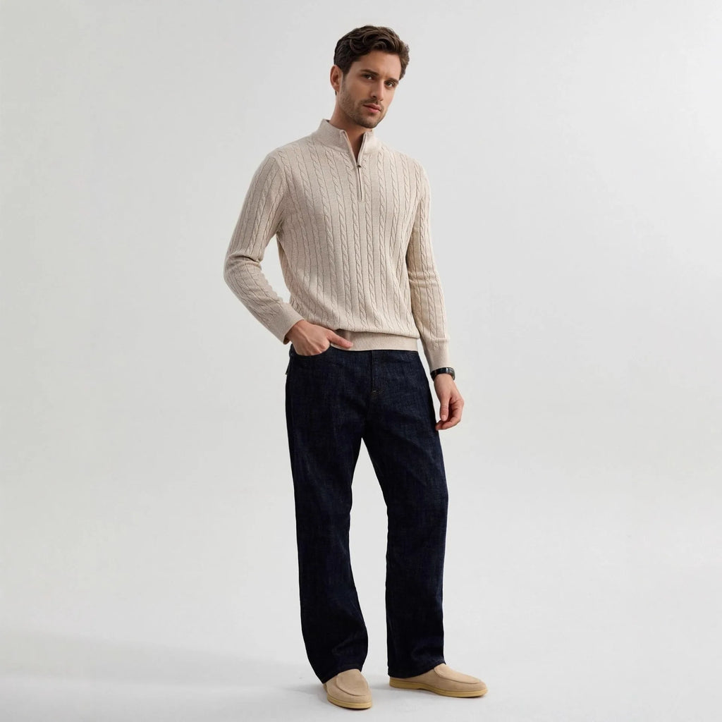 Men's casual wool blend zipper sweater in grass green with stand collar and twisted design