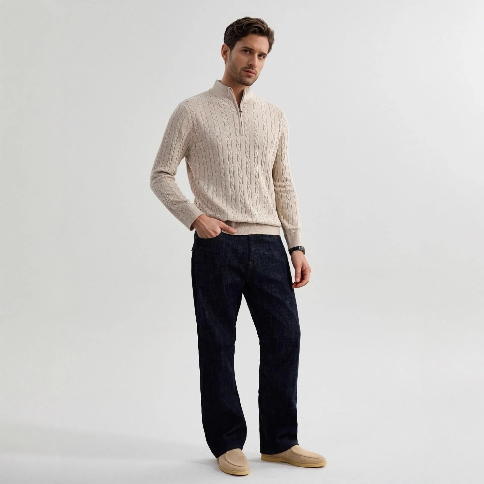 Men's casual wool blend zipper sweater in grass green with stand collar and twisted design